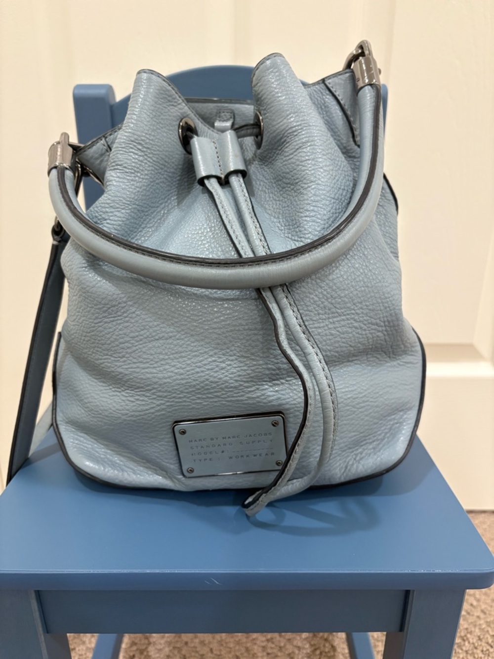 Marc by Marc Jacobs Powder Blue Pebbled Leather Drawstring Bucket Bag